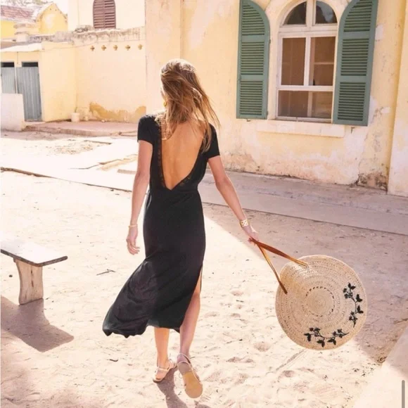 Sezane Lucille Dress Open Back Lace Black Midi Dress - Picture 12 of 16